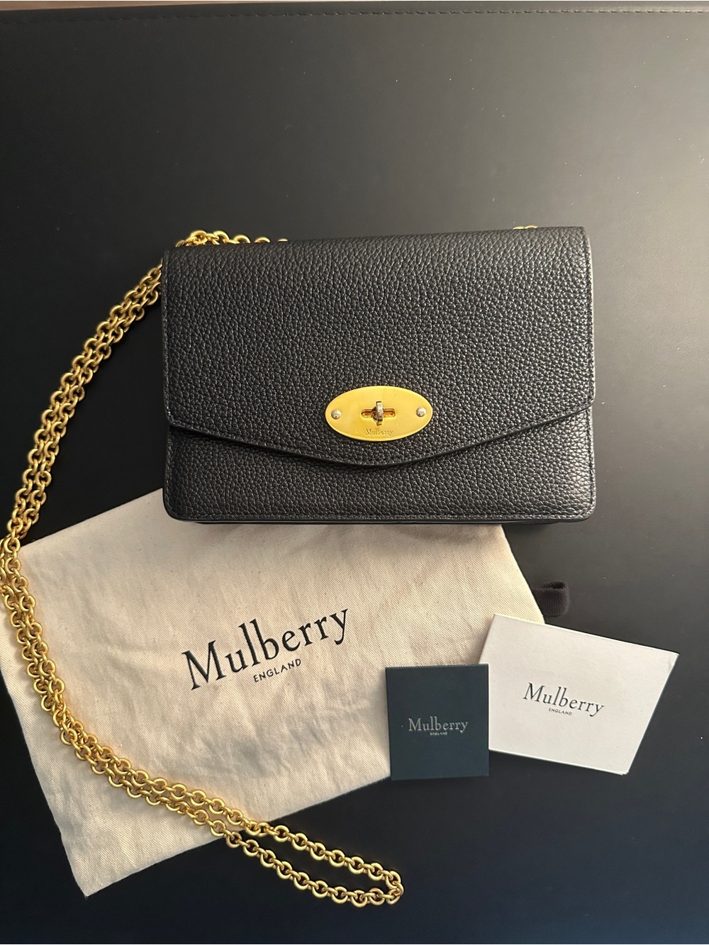 Mulberry Black Grained Leather Envelope Crossbody with Gold Hardware
